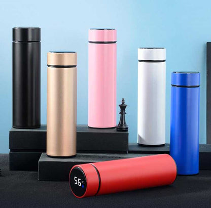 Smart Travel Mug with LCD Temperature Display - 15oz Insulated Tea/Coffee Thermo Bottle, Leak-Proof, Car Cup with Tea Infuser, Vacuum Insulated for Hot & Cold (450ml) (Black)