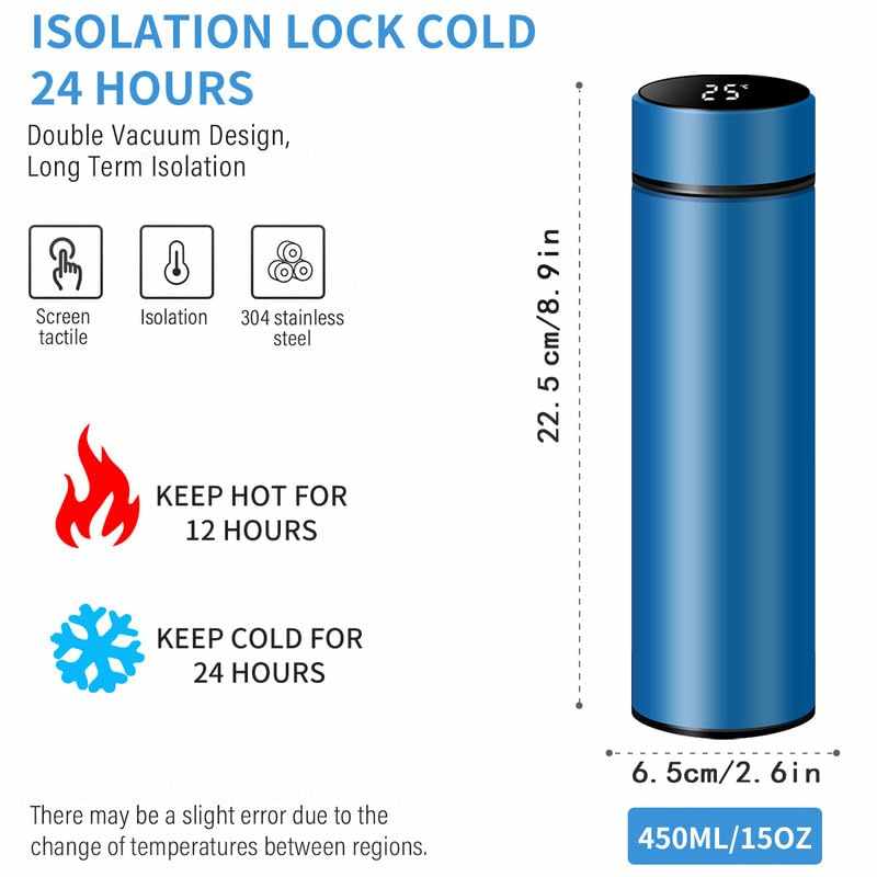 Smart Travel Mug with LCD Temperature Display - 15oz Insulated Tea/Coffee Thermo Bottle, Leak-Proof, Car Cup with Tea Infuser, Vacuum Insulated for Hot & Cold (450ml) (Black)