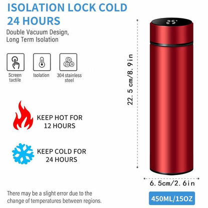 Smart Travel Mug with LCD Temperature Display - 15oz Insulated Tea/Coffee Thermo Bottle, Leak-Proof, Car Cup with Tea Infuser, Vacuum Insulated for Hot & Cold (450ml) (Black)