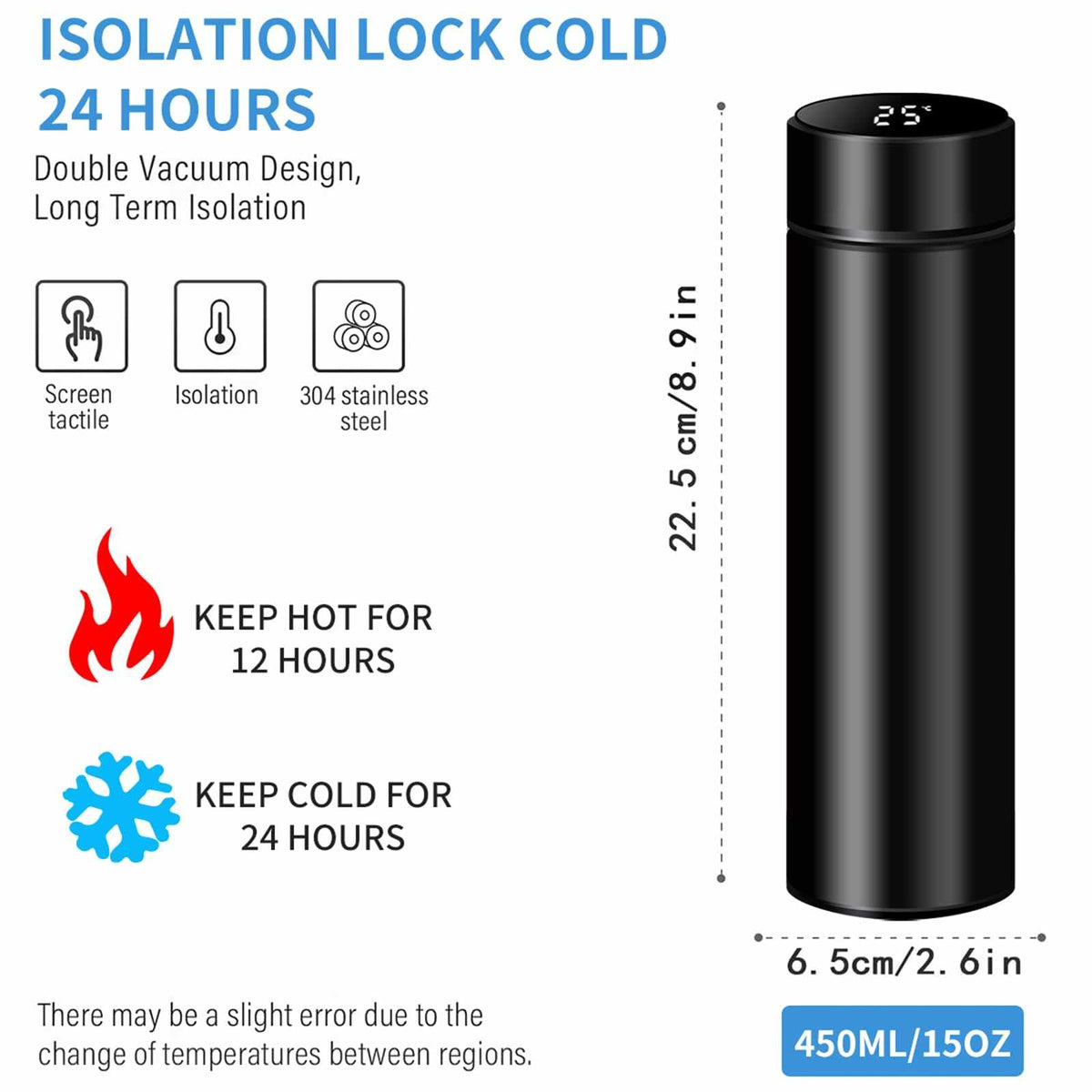 Smart Travel Mug with LCD Temperature Display - 15oz Insulated Tea/Coffee Thermo Bottle, Leak-Proof, Car Cup with Tea Infuser, Vacuum Insulated for Hot & Cold (450ml) (Black)