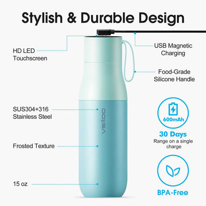 Vsitoo 15oz Smart Self Cleaning Water Bottle，Insulated Water Bottle with Stainless Steel, BPA-Free, AI Self-Clean, 30-Day Battery, Magnetic Charging for Travel, Gym or Office, White