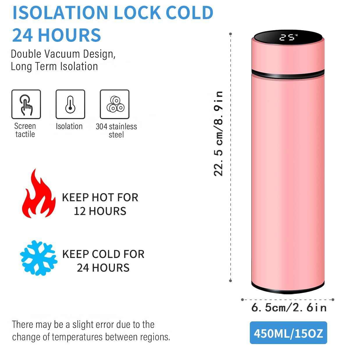 Smart Travel Mug with LCD Temperature Display - 15oz Insulated Tea/Coffee Thermo Bottle, Leak-Proof, Car Cup with Tea Infuser, Vacuum Insulated for Hot & Cold (450ml) (Black)