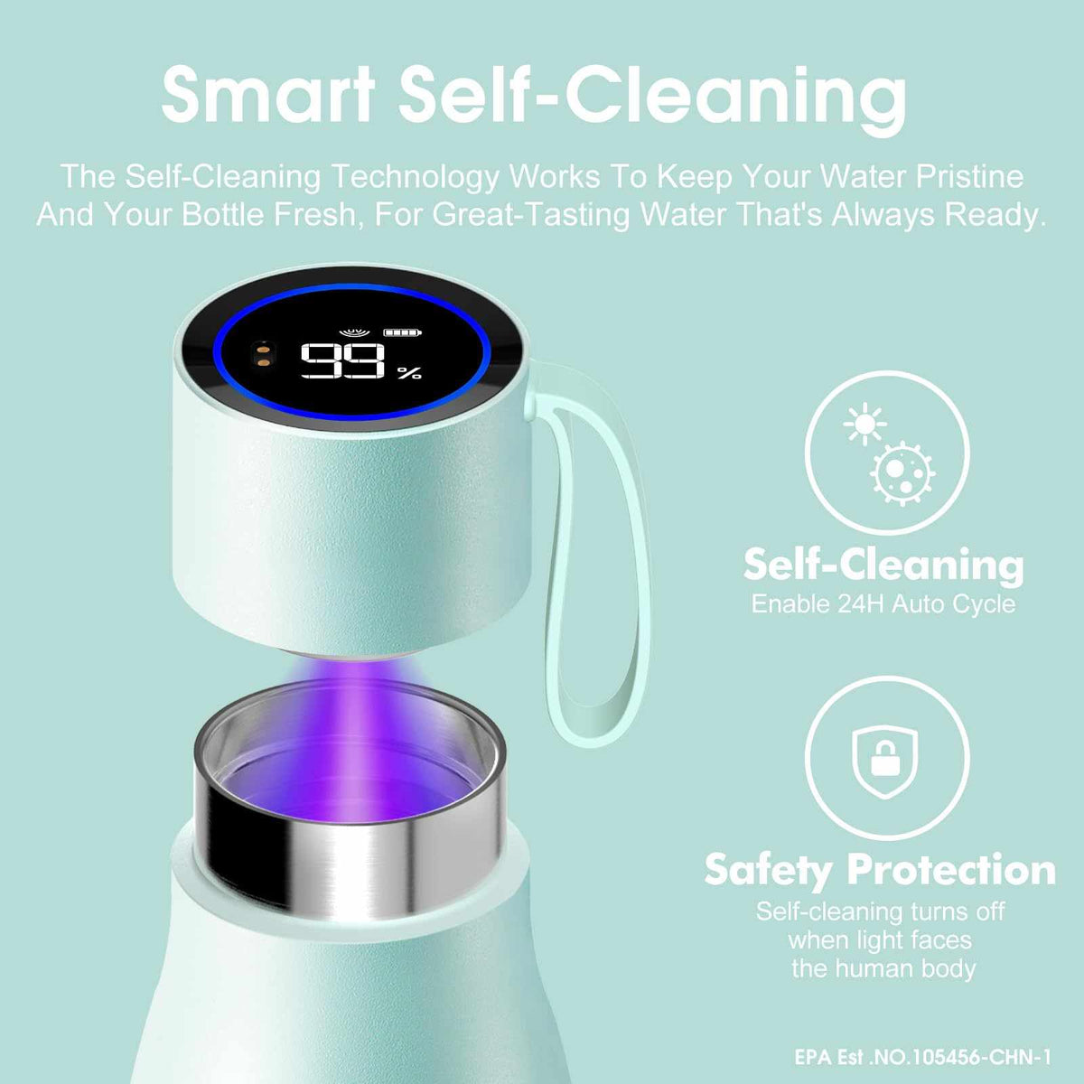 Vsitoo 15oz Smart Self Cleaning Water Bottle，Insulated Water Bottle with Stainless Steel, BPA-Free, AI Self-Clean, 30-Day Battery, Magnetic Charging for Travel, Gym or Office, White