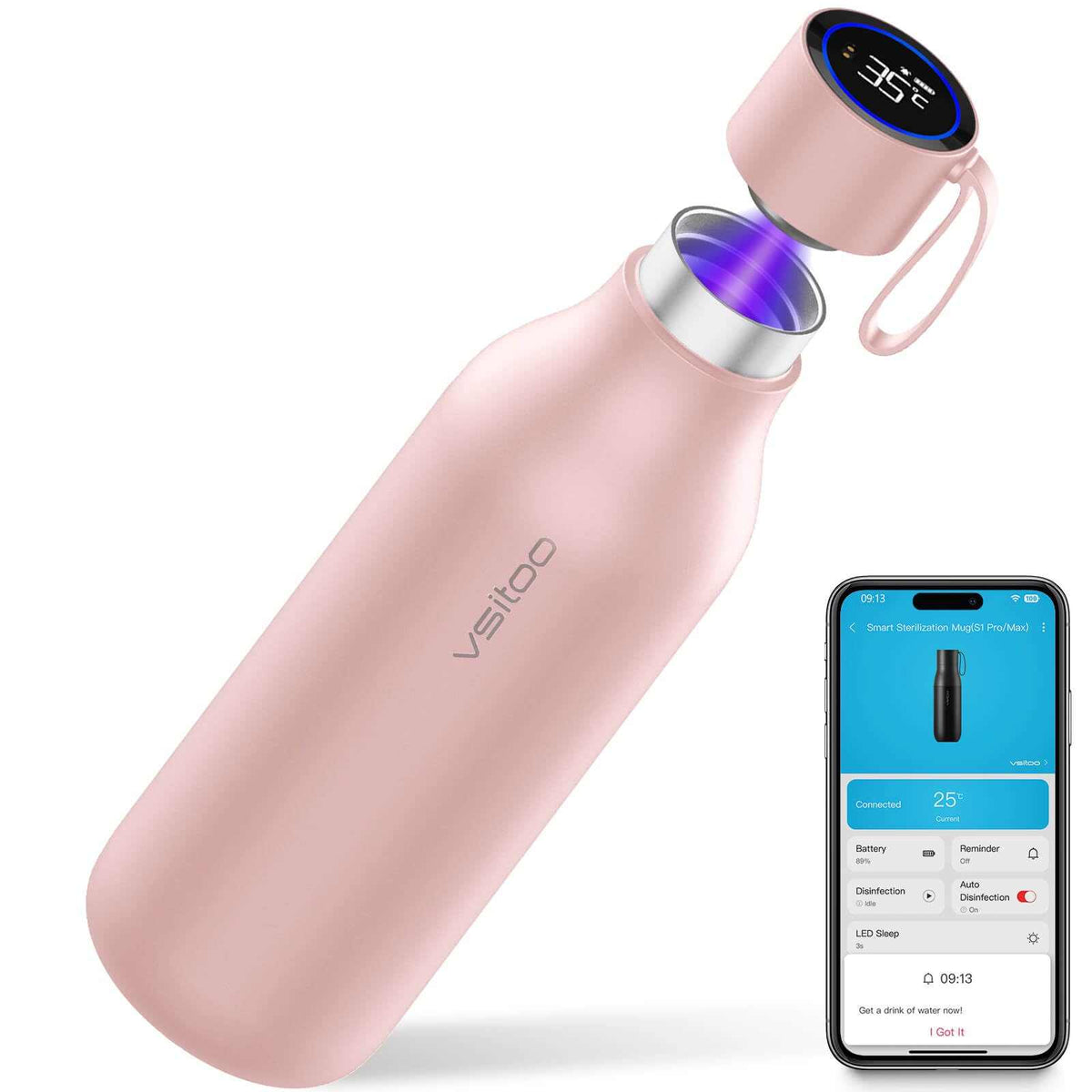 Vsitoo 15oz Smart Self Cleaning Water Bottle，Insulated Water Bottle with Stainless Steel, BPA-Free, AI Self-Clean, 30-Day Battery, Magnetic Charging for Travel, Gym or Office, White