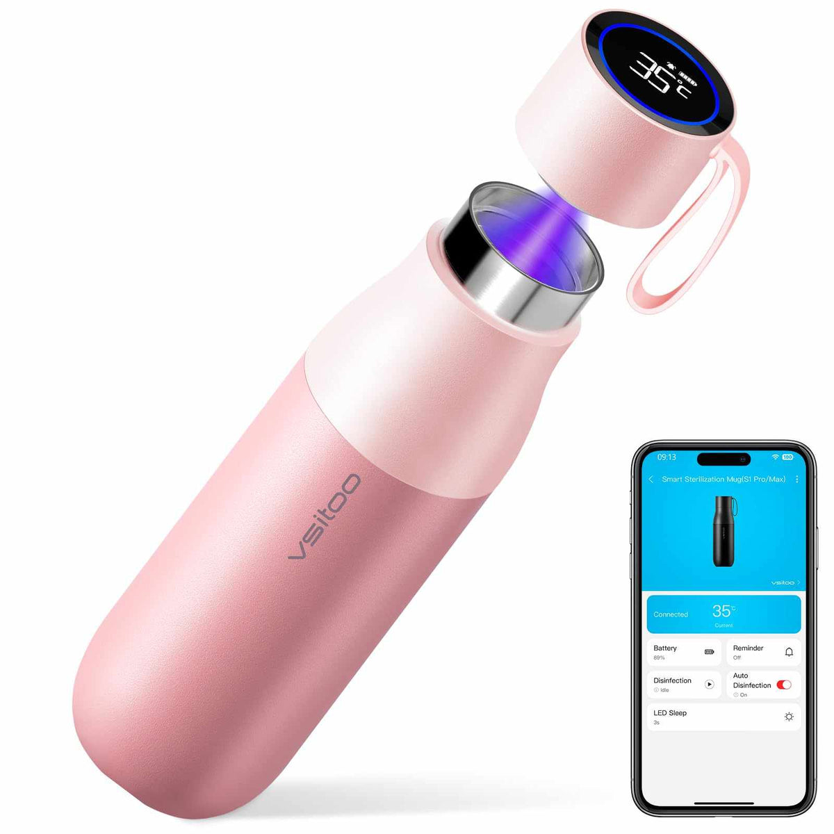 Vsitoo 15oz Smart Self Cleaning Water Bottle，Insulated Water Bottle with Stainless Steel, BPA-Free, AI Self-Clean, 30-Day Battery, Magnetic Charging for Travel, Gym or Office, White