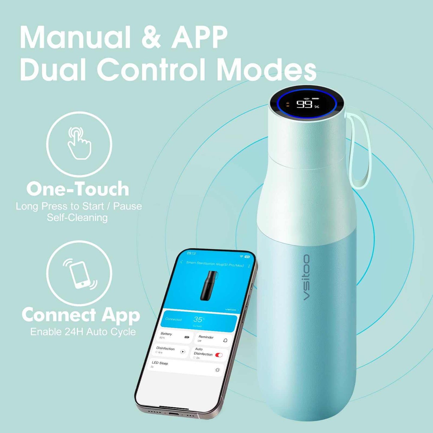 Vsitoo 15oz Smart Self Cleaning Water Bottle，Insulated Water Bottle with Stainless Steel, BPA-Free, AI Self-Clean, 30-Day Battery, Magnetic Charging for Travel, Gym or Office, White