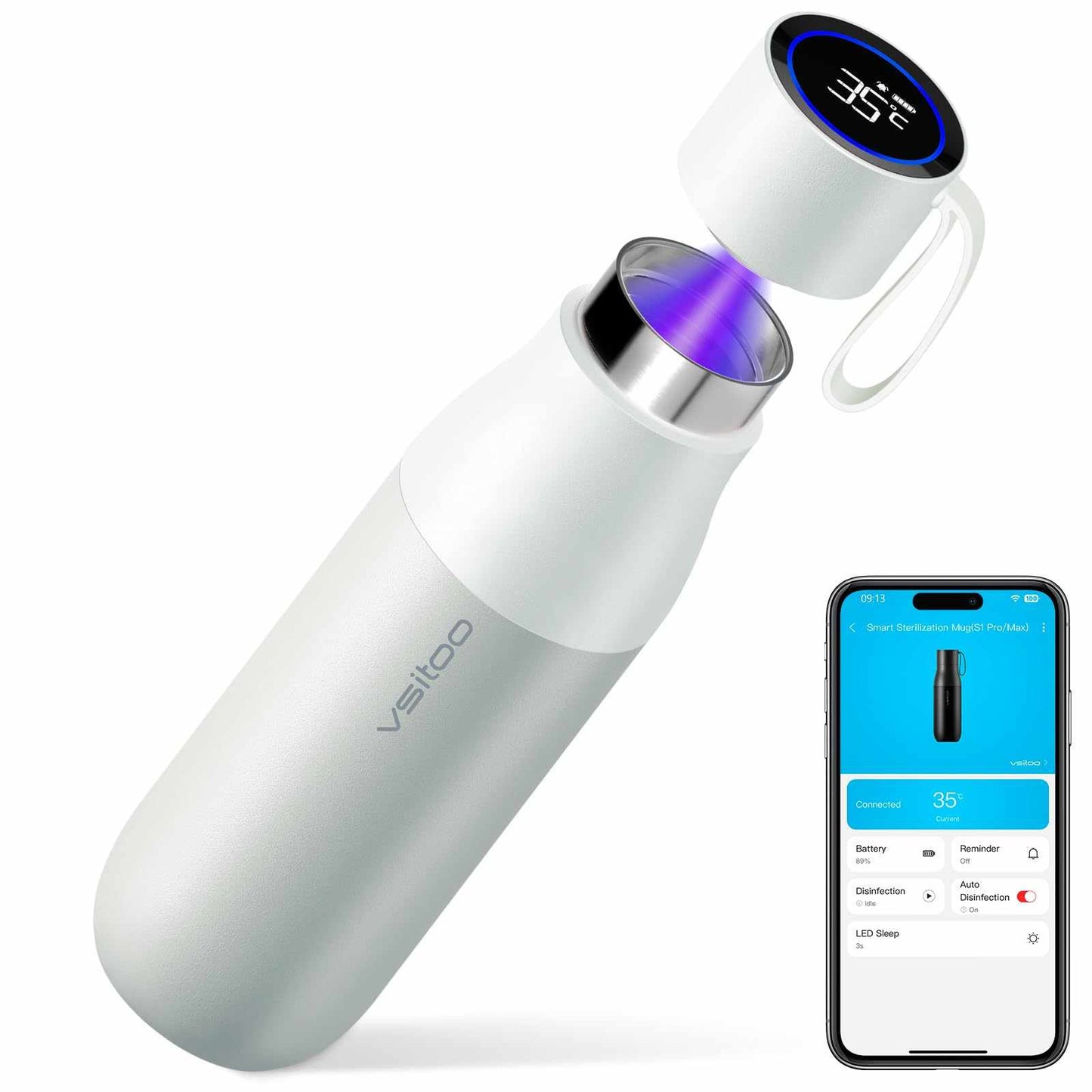 Vsitoo 15oz Smart Self Cleaning Water Bottle，Insulated Water Bottle with Stainless Steel, BPA-Free, AI Self-Clean, 30-Day Battery, Magnetic Charging for Travel, Gym or Office, White