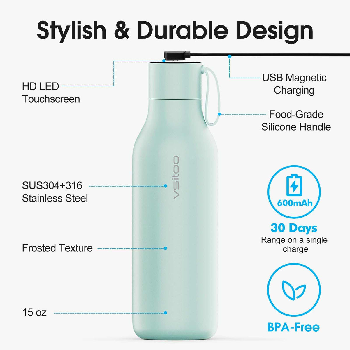 Vsitoo 15oz Smart Self Cleaning Water Bottle，Insulated Water Bottle with Stainless Steel, BPA-Free, AI Self-Clean, 30-Day Battery, Magnetic Charging for Travel, Gym or Office, White