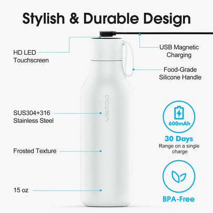 Vsitoo 15oz Smart Self Cleaning Water Bottle，Insulated Water Bottle with Stainless Steel, BPA-Free, AI Self-Clean, 30-Day Battery, Magnetic Charging for Travel, Gym or Office, White