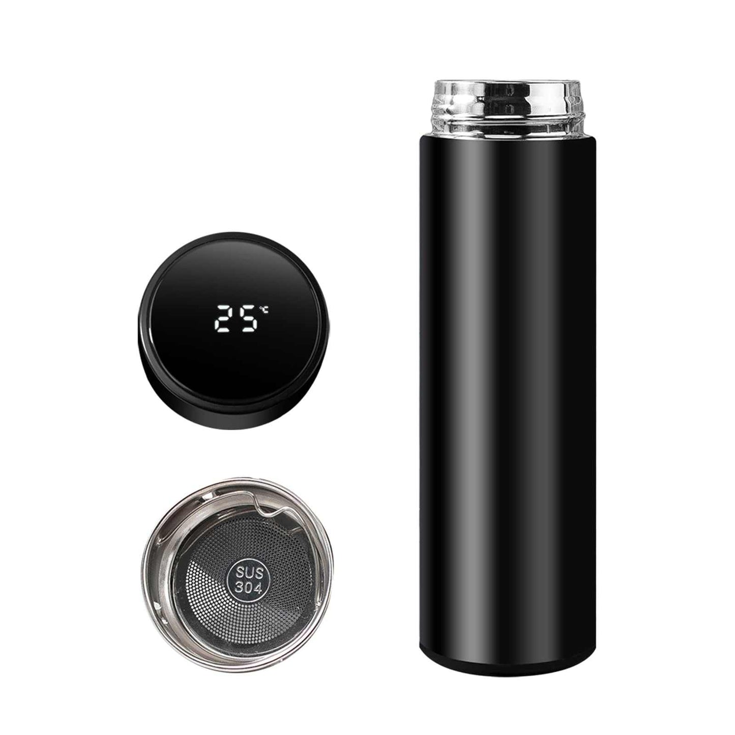 Smart Travel Mug with LCD Temperature Display - 15oz Insulated Tea/Coffee Thermo Bottle, Leak-Proof, Car Cup with Tea Infuser, Vacuum Insulated for Hot & Cold (450ml) (Black)