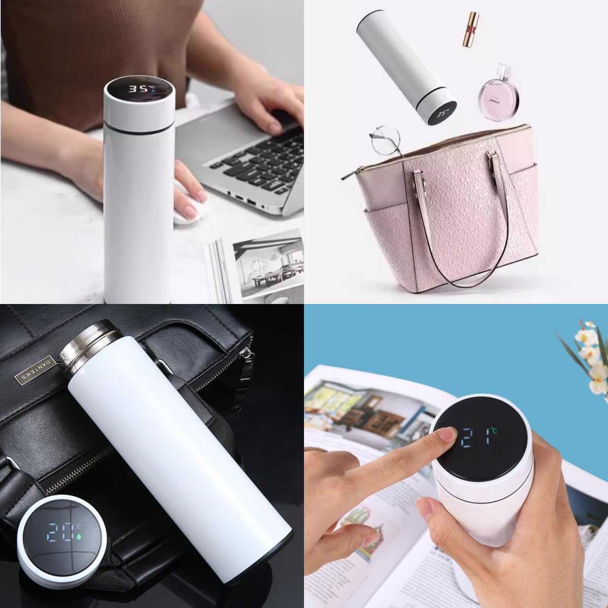 Smart Travel Mug with LCD Temperature Display - 15oz Insulated Tea/Coffee Thermo Bottle, Leak-Proof, Car Cup with Tea Infuser, Vacuum Insulated for Hot & Cold (450ml) (Black)