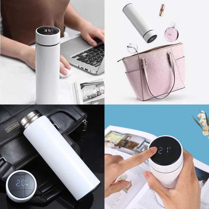 Smart Travel Mug with LCD Temperature Display - 15oz Insulated Tea/Coffee Thermo Bottle, Leak-Proof, Car Cup with Tea Infuser, Vacuum Insulated for Hot & Cold (450ml) (Black)