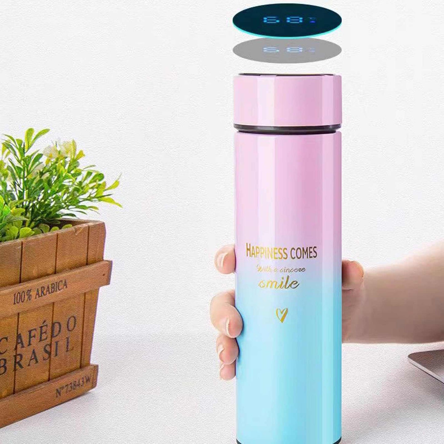 Smart Water Bottle Insulated Water Bottle Coffee Bottle Travel Coffee Mug Flasks for Hot and and Cold Drinks 16.9 oz/500ml (Gradient pink)