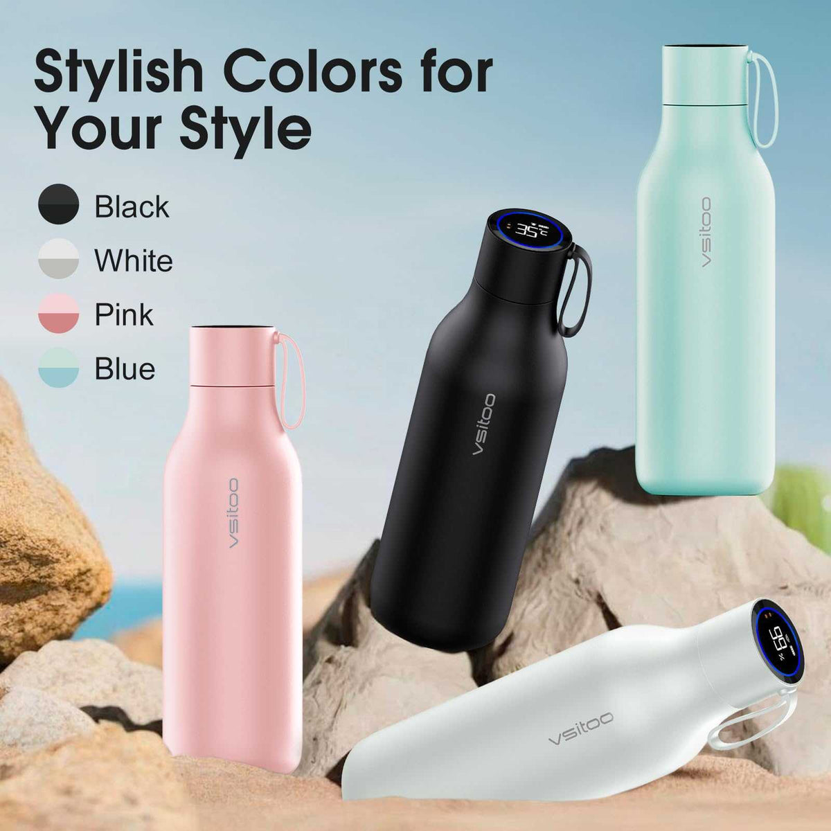 Vsitoo 15oz Smart Self Cleaning Water Bottle，Insulated Water Bottle with Stainless Steel, BPA-Free, AI Self-Clean, 30-Day Battery, Magnetic Charging for Travel, Gym or Office, White
