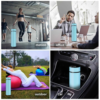 Smart Travel Mug with LCD Temperature Display - 15oz Insulated Tea/Coffee Thermo Bottle, Leak-Proof, Car Cup with Tea Infuser, Vacuum Insulated for Hot & Cold (450ml) (Black)