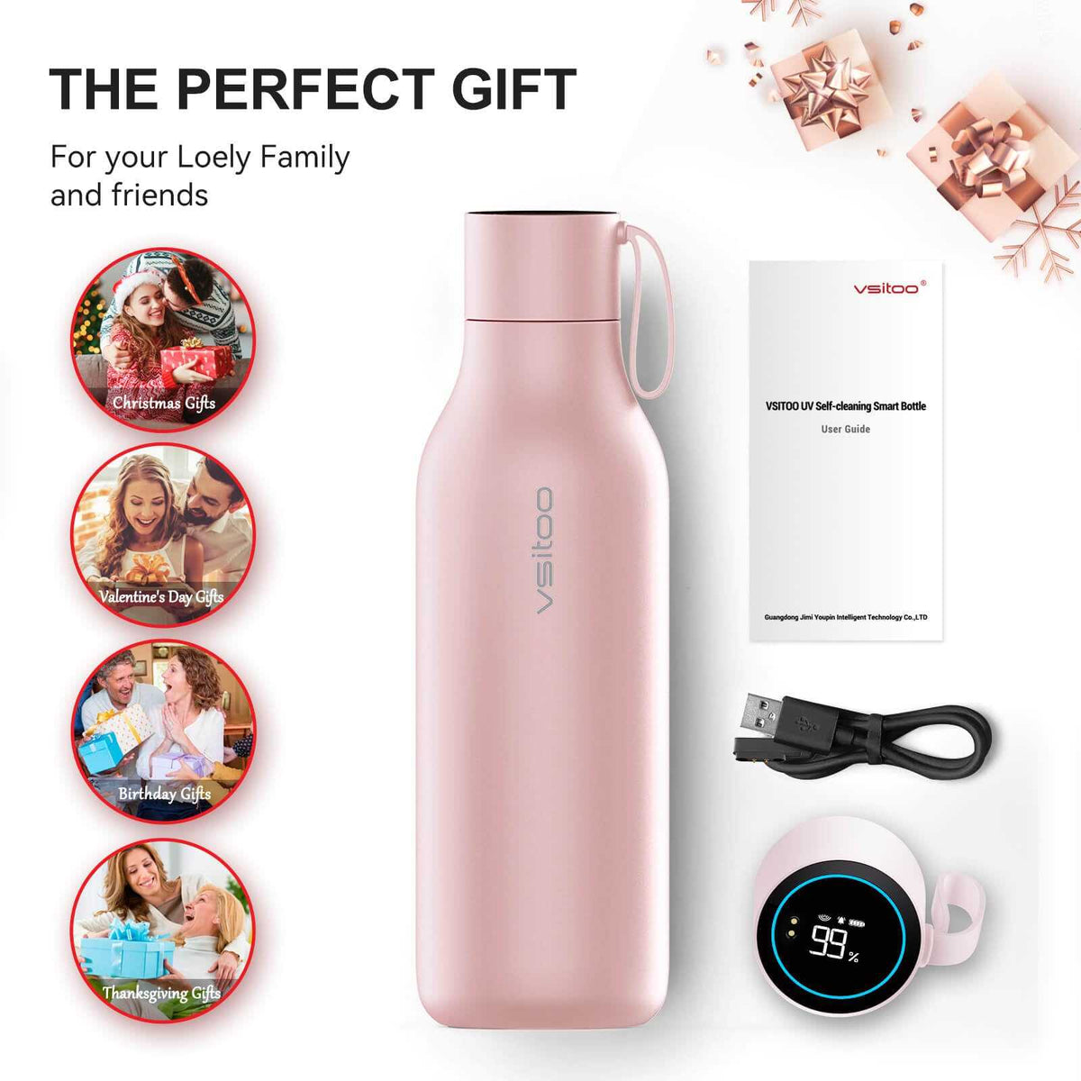 Vsitoo 15oz Smart Self Cleaning Water Bottle，Insulated Water Bottle with Stainless Steel, BPA-Free, AI Self-Clean, 30-Day Battery, Magnetic Charging for Travel, Gym or Office, White