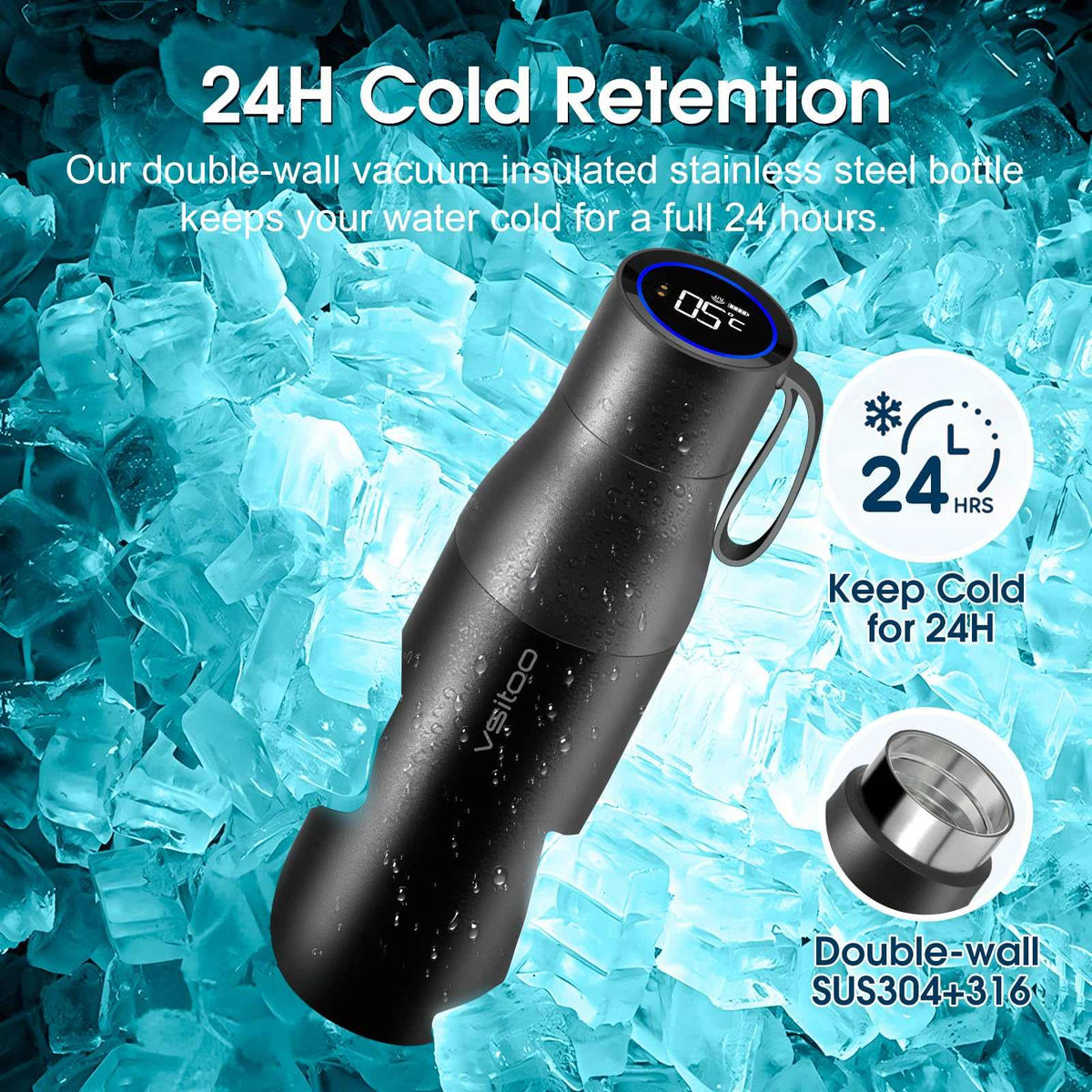 Vsitoo 15oz Smart Self Cleaning Water Bottle，Insulated Water Bottle with Stainless Steel, BPA-Free, AI Self-Clean, 30-Day Battery, Magnetic Charging for Travel, Gym or Office, White