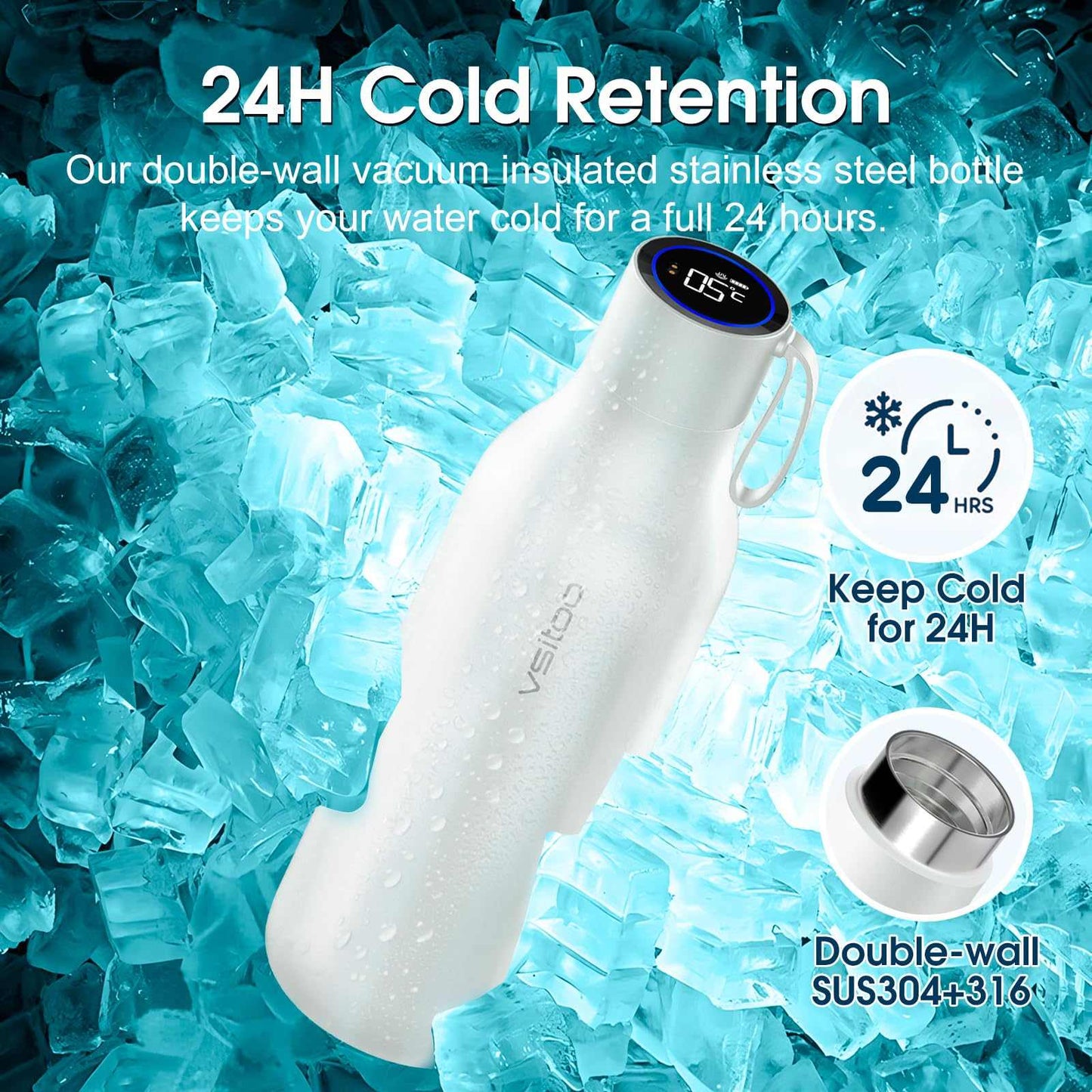 Vsitoo 15oz Smart Self Cleaning Water Bottle，Insulated Water Bottle with Stainless Steel, BPA-Free, AI Self-Clean, 30-Day Battery, Magnetic Charging for Travel, Gym or Office, White
